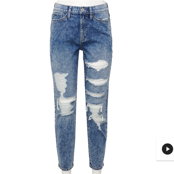 SO Denim - Junior's SO High Rise Distressed Mom Jeans in Medium Acid Deconstructed